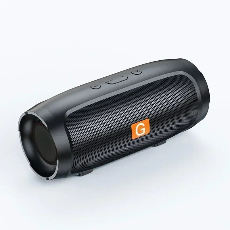 Black cylindrical portable subwoofer bluetooth speaker with perforated grille and orange g logo for outdoor stereo surround and loudspeaker wireless sound use