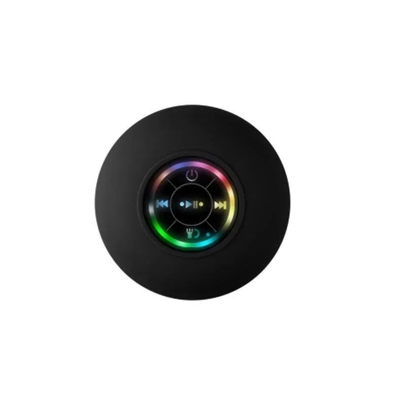 Black circular bluetooth speaker with suction cup waterproof design and rainbow led ring control buttons