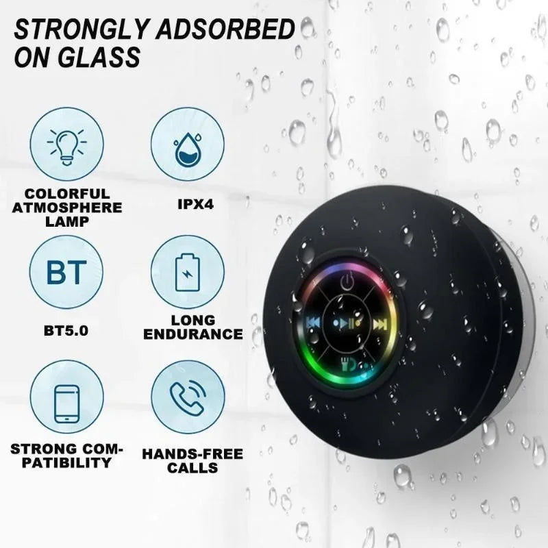 Black circular portable suction cup bluetooth speaker with rainbow led ring and waterproof luminous design