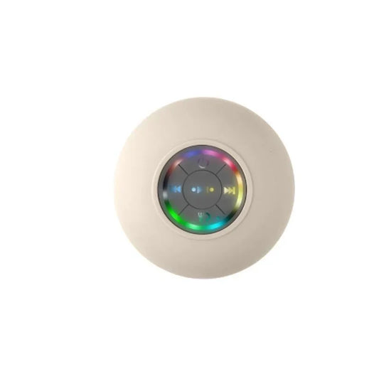 Cream-colored spherical bluetooth speaker with suction cup and luminous rainbow led control panel for portable use