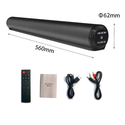 Black cylindrical soundbar with matte finish and control buttons features bluetooth version and audio input for extended music playing time