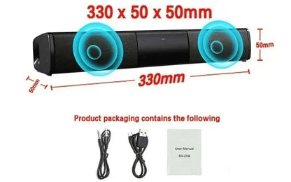 Black rectangular portable soundbar with textured fabric grille and bluetooth version supports audio input and long music playing time