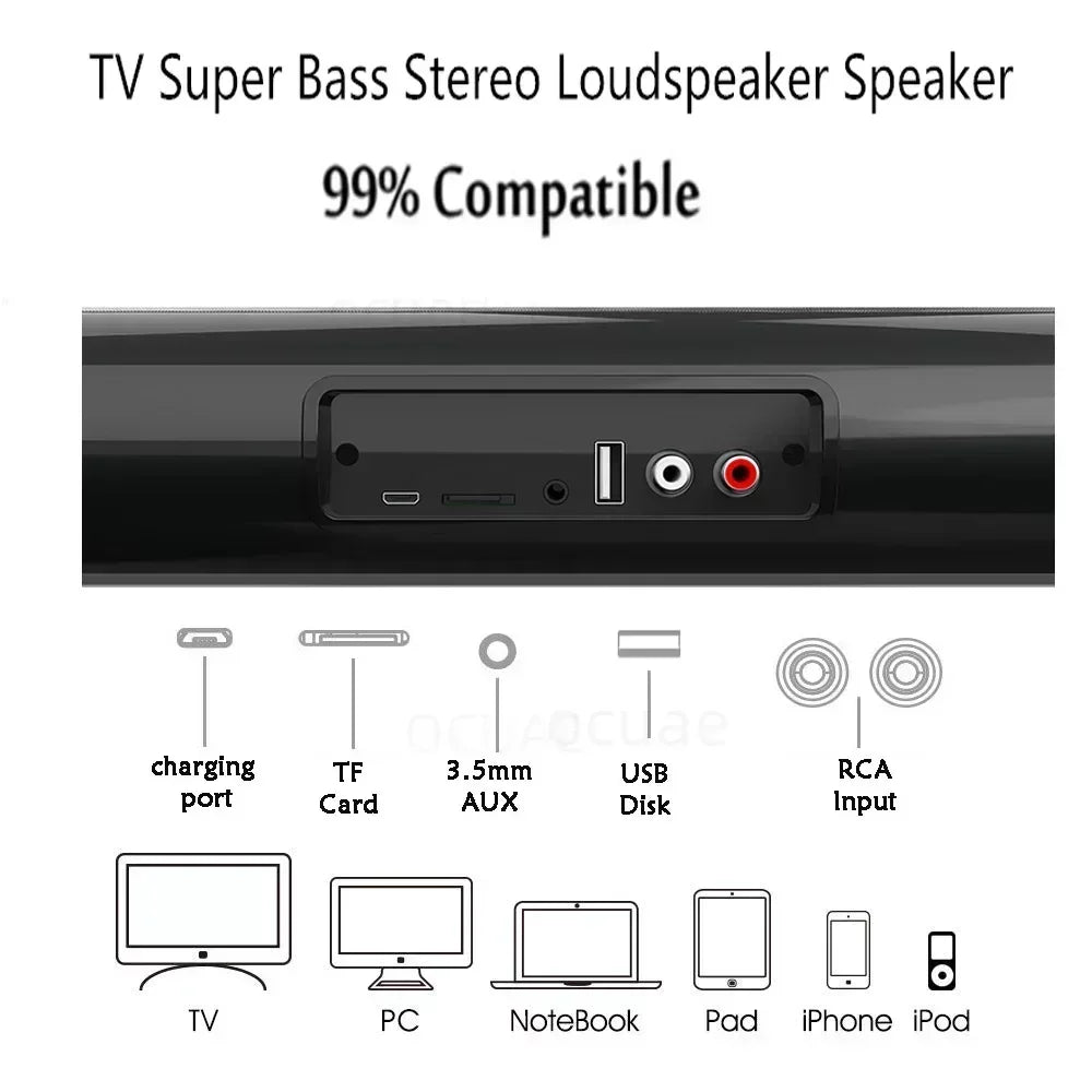 Black portable super powerful sound bar speaker showing multiple audio input ports including usb aux and rca for tvs and pcs