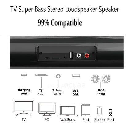 Black portable super powerful sound bar speaker showing multiple audio input ports including usb aux and rca for tvs and pcs