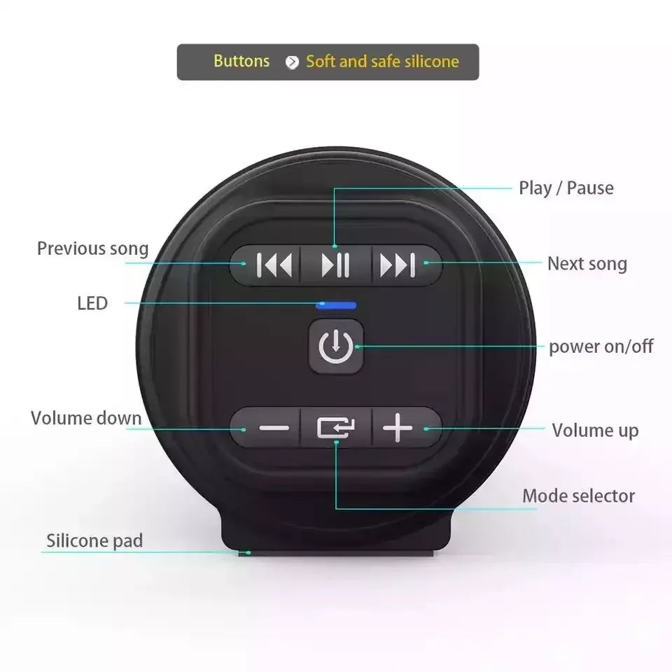 Black circular portable super powerful sound bar with soft silicone buttons and central power button supports bluetooth version and audio input