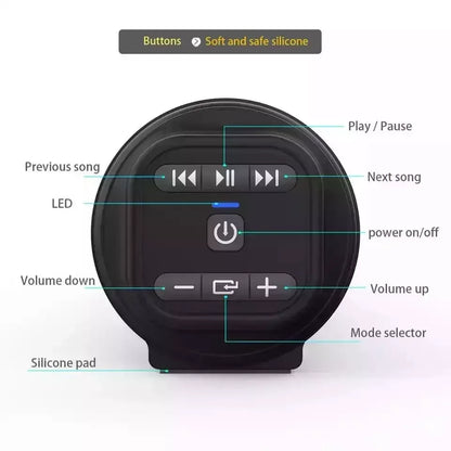 Black circular portable super powerful sound bar with soft silicone buttons and central power button supports bluetooth version and audio input