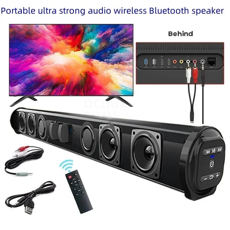 Black portable super powerful bluetooth soundbar with multiple speakers and control buttons featuring audio input and long music playing time