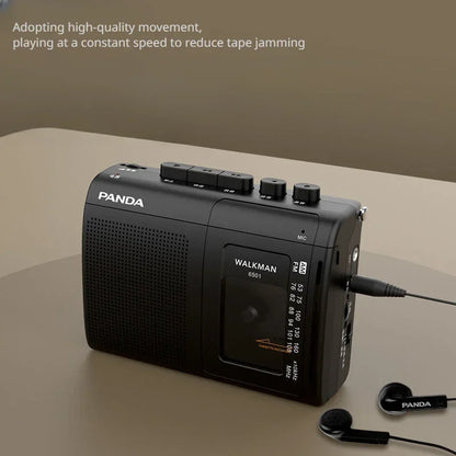 Black panda walkman 6501 cassette music player with textured grille and matching earphones for radio retro cassette use