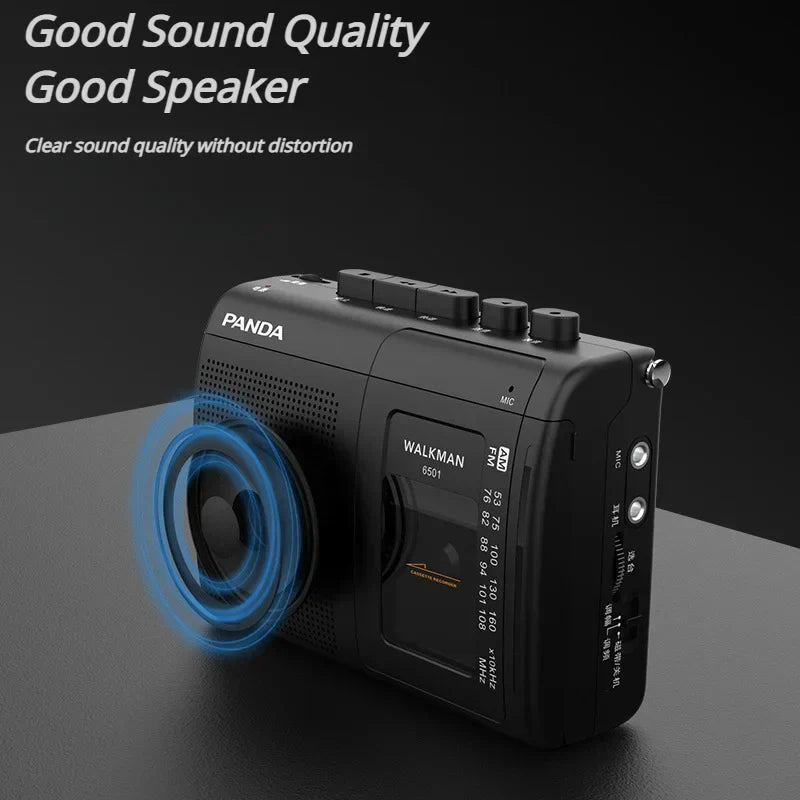 Black portable tape music player walkman with compact design control buttons and radio retro cassette support