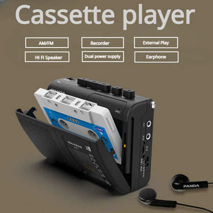 Black plastic portable tape amfm radio retro cassette player with panda brand and white blue tape inserted for frequency modulation and walkman tape recorders