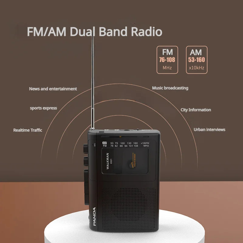 Black rectangular walkman tape recorder with fm/am frequency modulation radio retro cassette and telescopic antenna