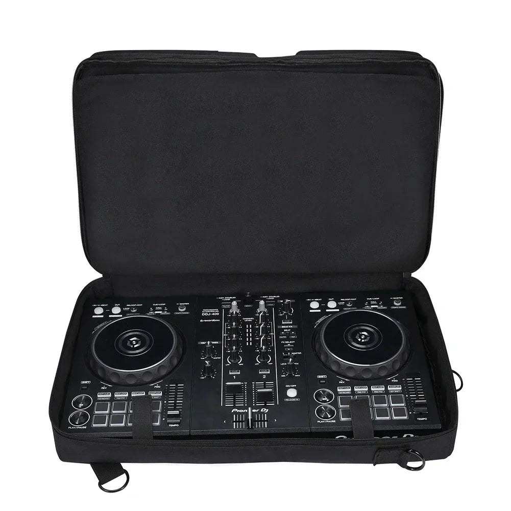 Black pioneer ddj-400 portable turntables protective carrying storage bag with shoulder strap inside a matching case