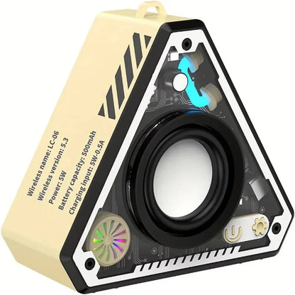 Beige triangular mini wireless bluetooth speaker with black and white circuit board design and colorful led fan