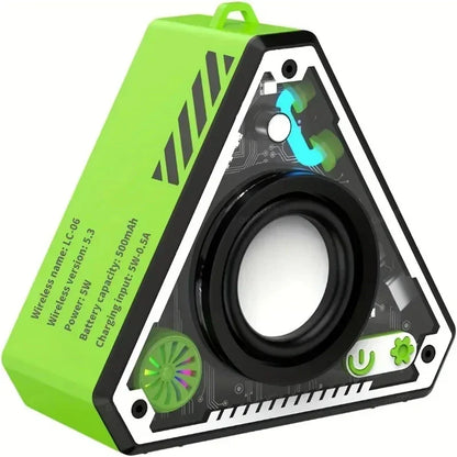 Vibrant lime green mini wireless bluetooth speaker with triangular design and circuit board accents for outdoor use