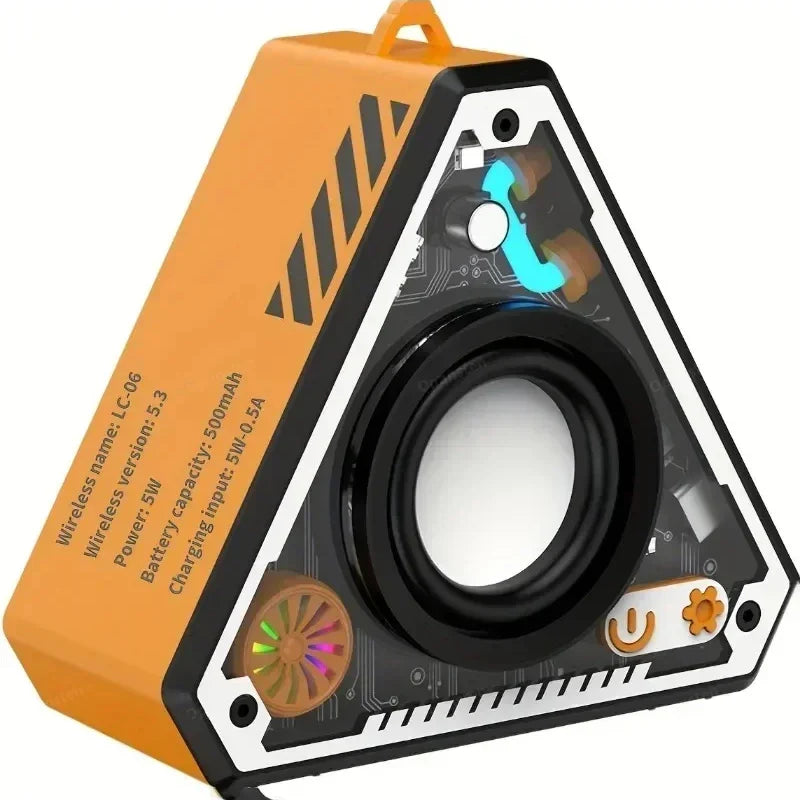 Orange triangular portable bluetooth speaker with visible circuit board, colorful led lights, and top handle for mini wireless use