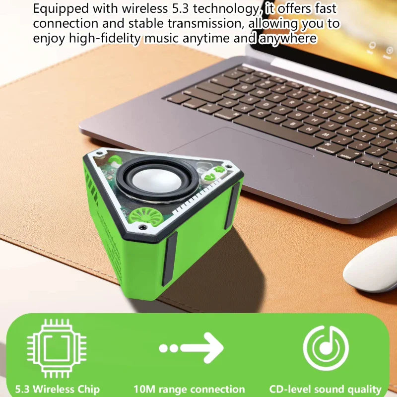 Bright green triangular mini wireless bluetooth speaker with black accents and visible internal components for outdoor use