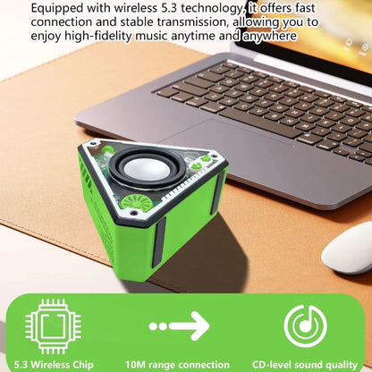 Bright green triangular mini wireless bluetooth speaker with black accents and visible internal components for outdoor use