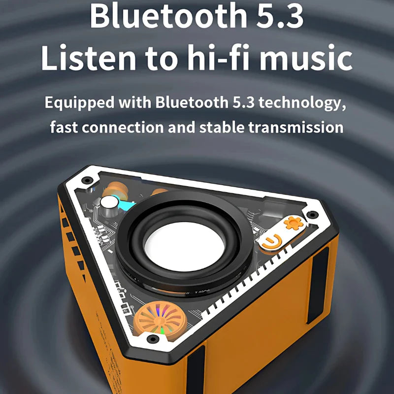 Orange and black triangular bluetooth speaker with visible internal circuit board design mini wireless portable audio device