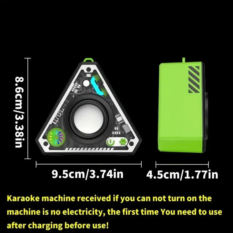 Triangular black and green mini wireless bluetooth speaker with circular speaker and glowing led indicators for outdoor use
