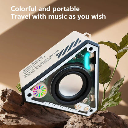 White triangular mini wireless bluetooth speaker with black accents, visible circuit board, and glowing blue led light