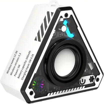 White and black triangular mini wireless bluetooth speaker with rgb led lights and circuit board design for outdoor use