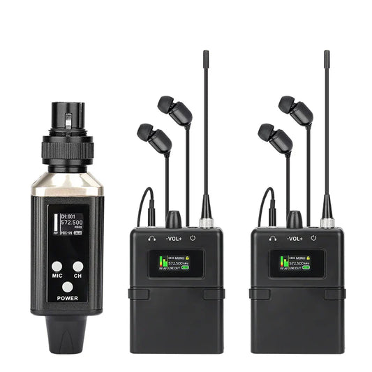 Black portable uhf wireless lavalier microphone system with silver accents and bodypack transmitter receiver for studio audio professional use