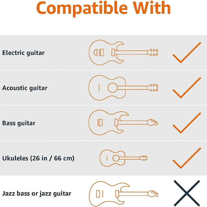 Compatibility chart for portable universal guitar collapsible single stand with safety lock showing electric, acoustic, bass, and ukulele use