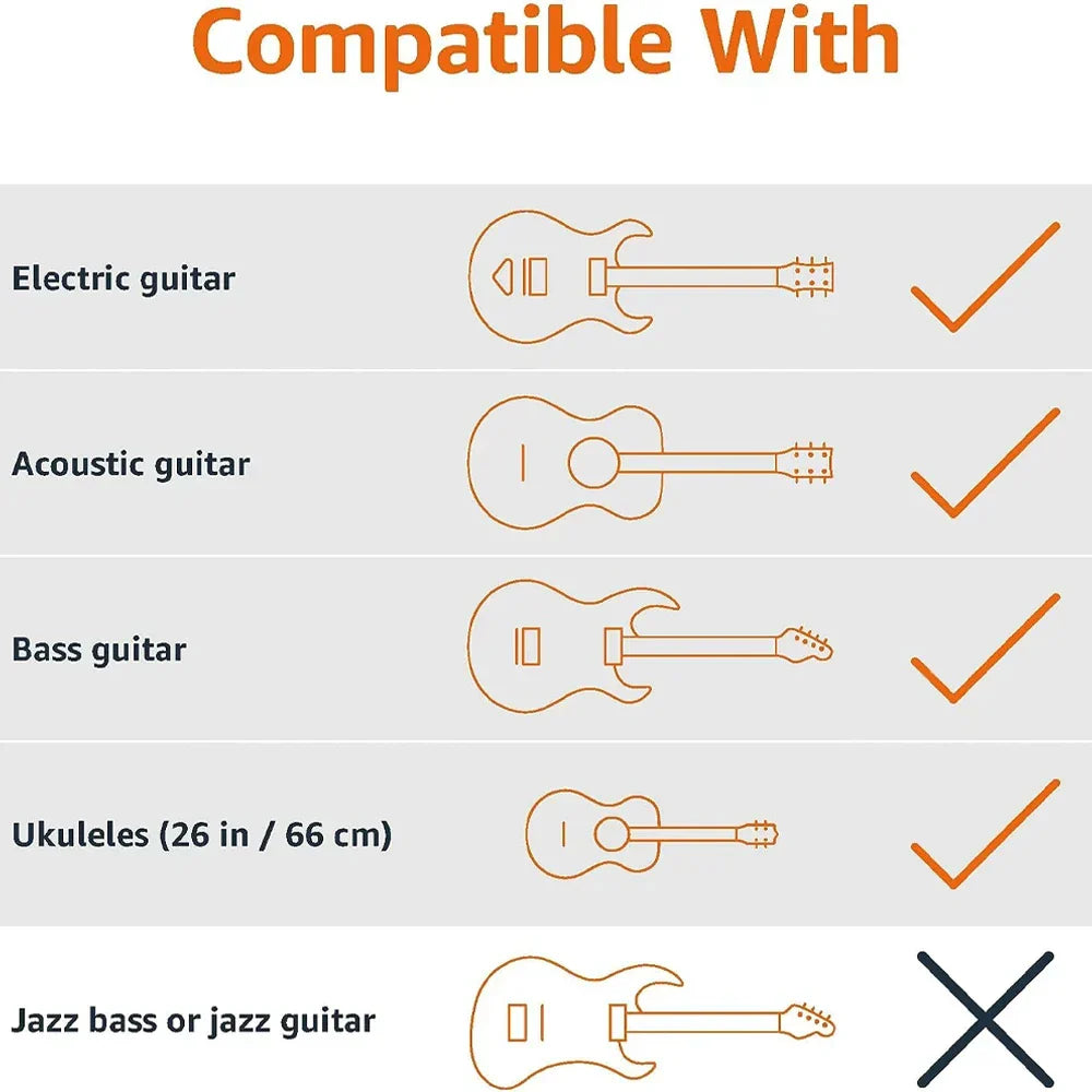 Compatibility chart for portable universal guitar collapsible single stand with safety lock showing guitar types supported