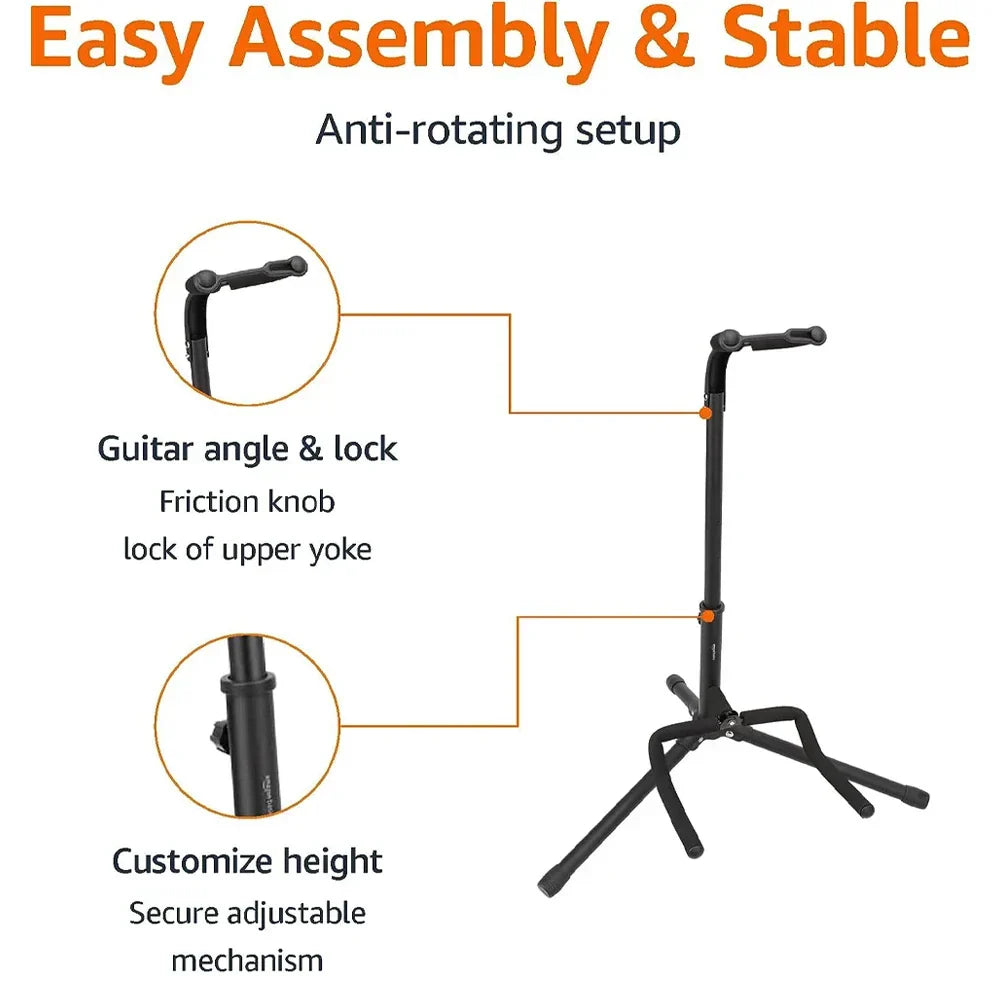 Black metal portable universal guitar stand with adjustable height collapsible single stand and safety lock for travel