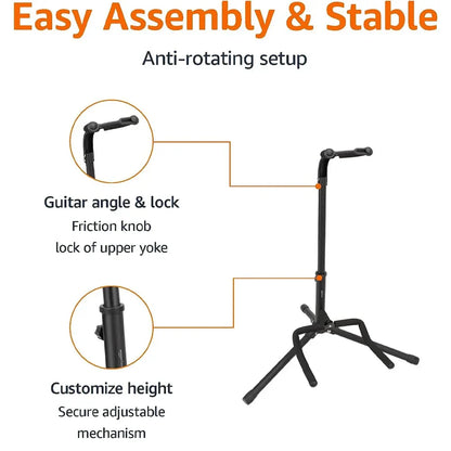 Black metal portable universal guitar stand with adjustable height collapsible single stand and safety lock for travel