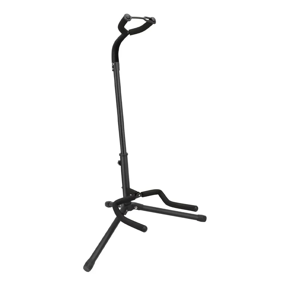 Black metal portable universal guitar stand with padded armrest adjustable height collapsible single stand compact tripod design