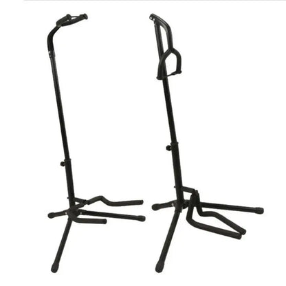 Black metal portable universal guitar collapsible single stand with adjustable height tripod base and safety lock for travel