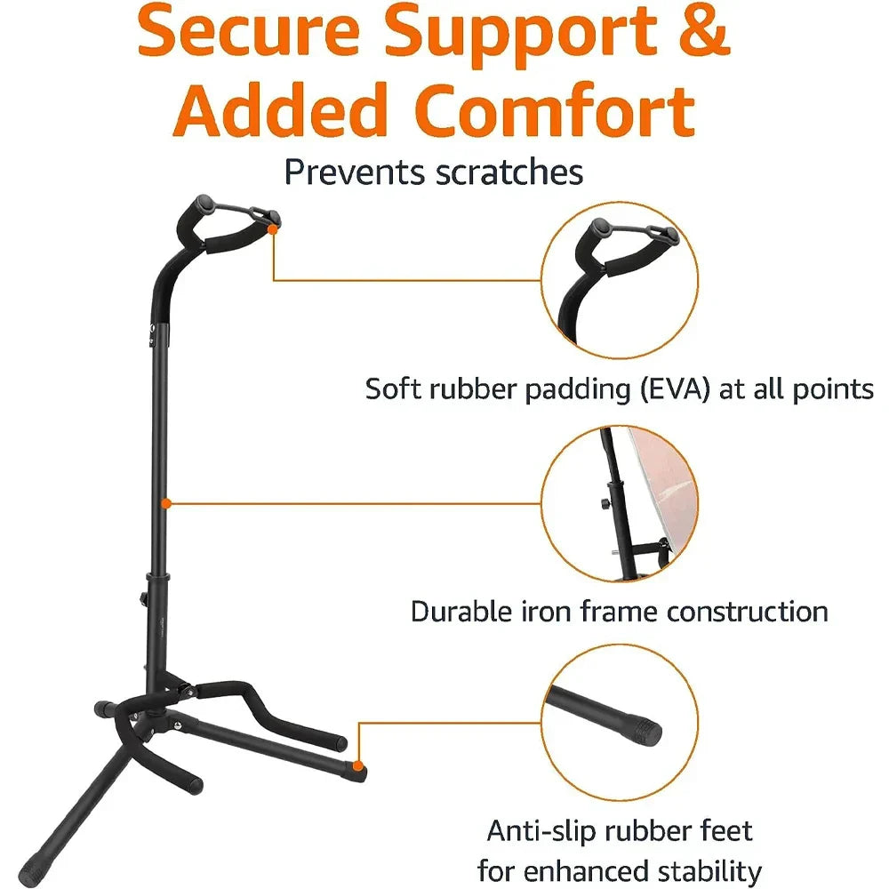 Black portable universal guitar stand with soft rubber padding and durable iron frame in compact tripod design