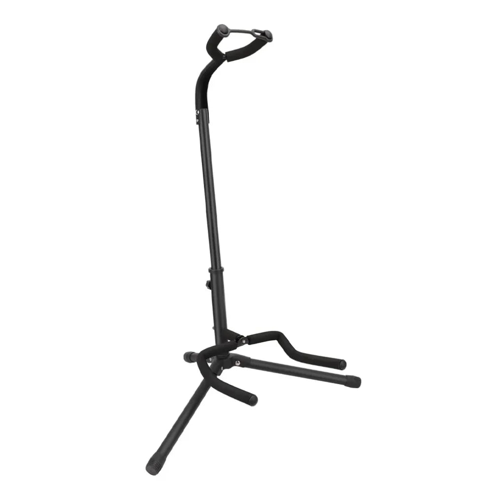 Black portable universal guitar stand with padded neck support collapsible single stand compact tripod design for travel