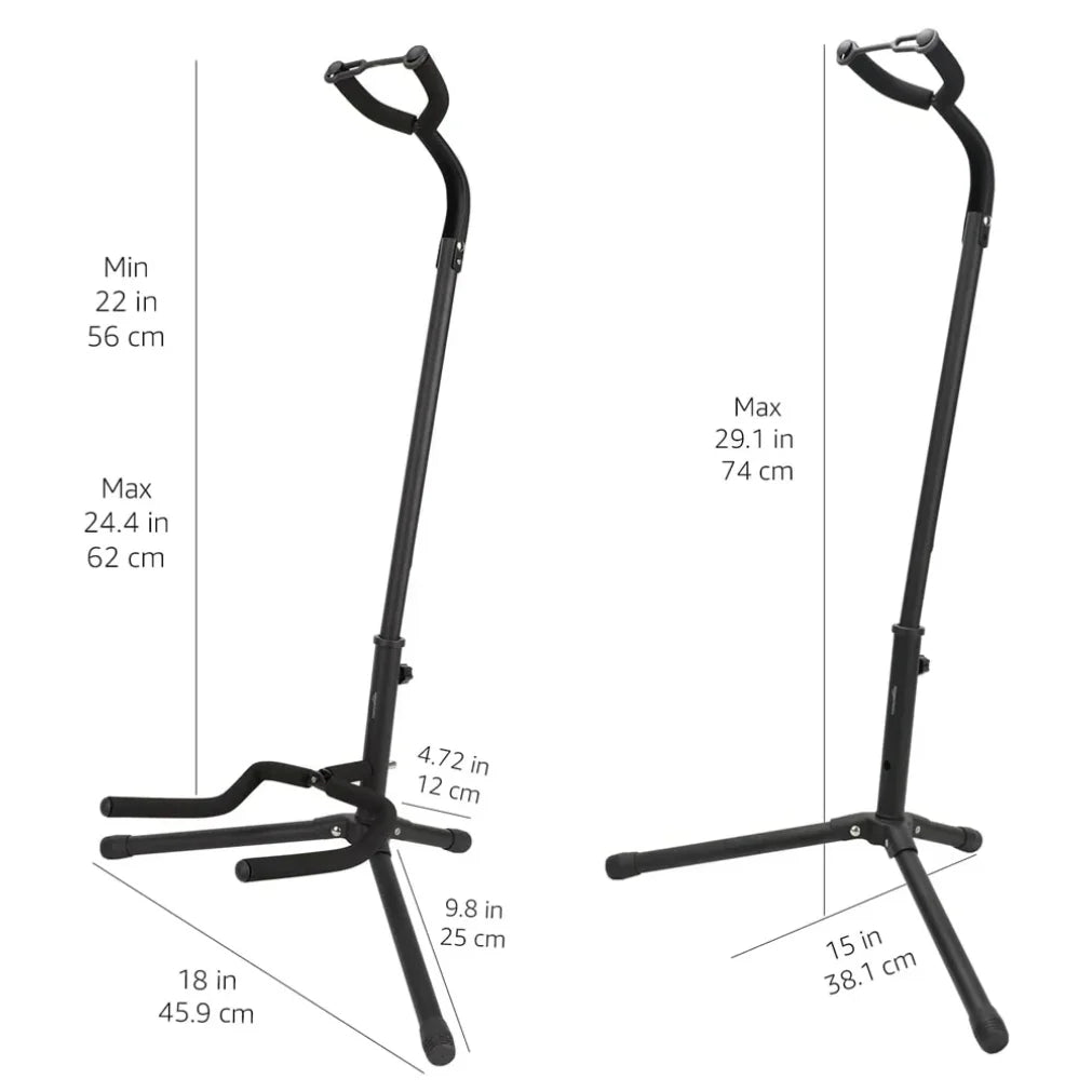 Black metal portable universal guitar stand with adjustable height collapsible single stand and compact tripod design