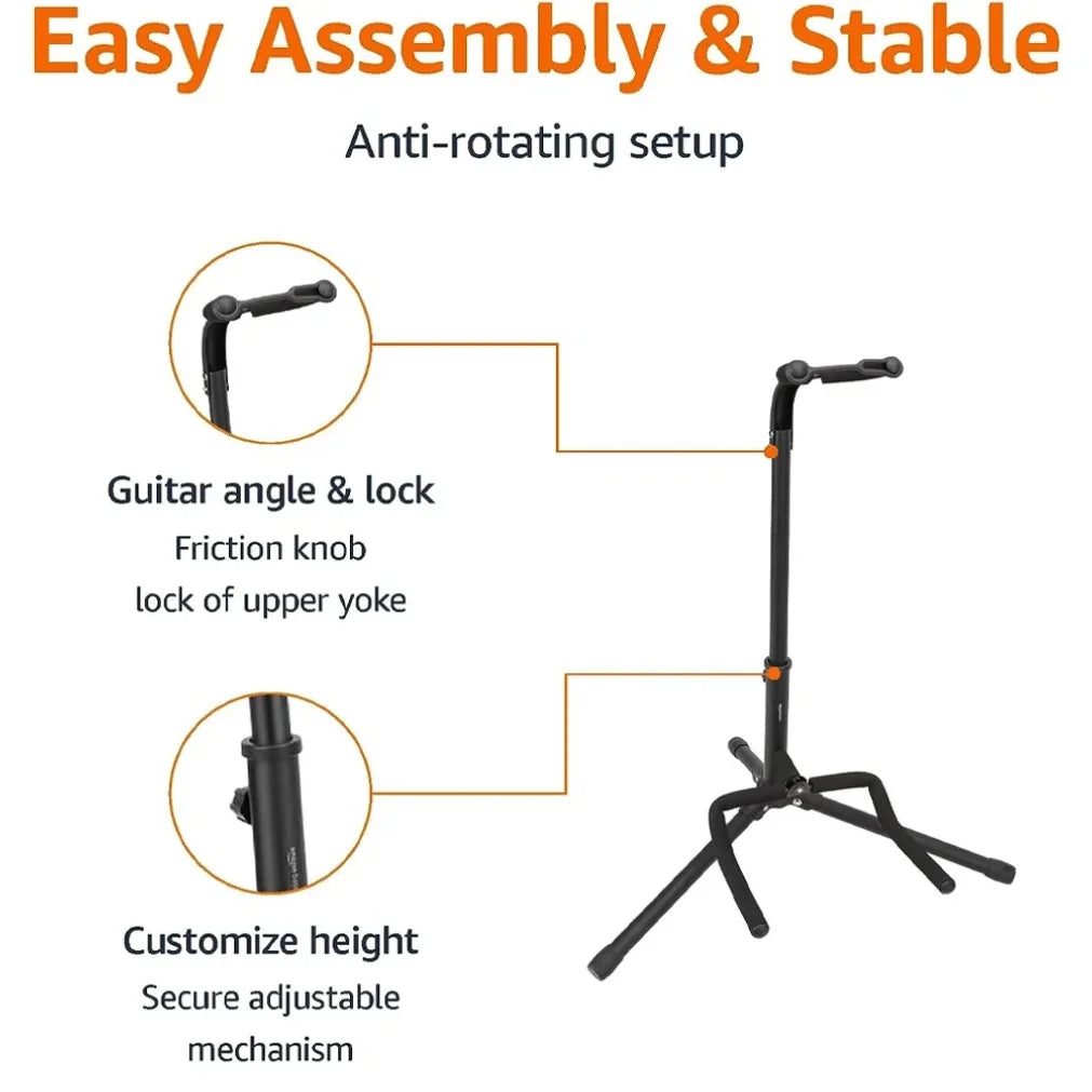 Black metal portable universal guitar stand with adjustable height angle collapsible single stand compact tripod design