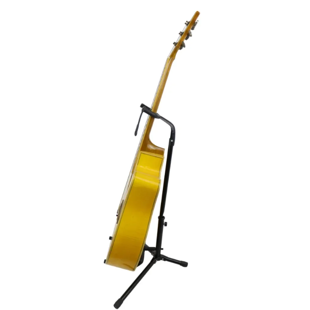 A vibrant yellow acoustic guitar resting on a portable universal guitar collapsible single stand with compact tripod design
