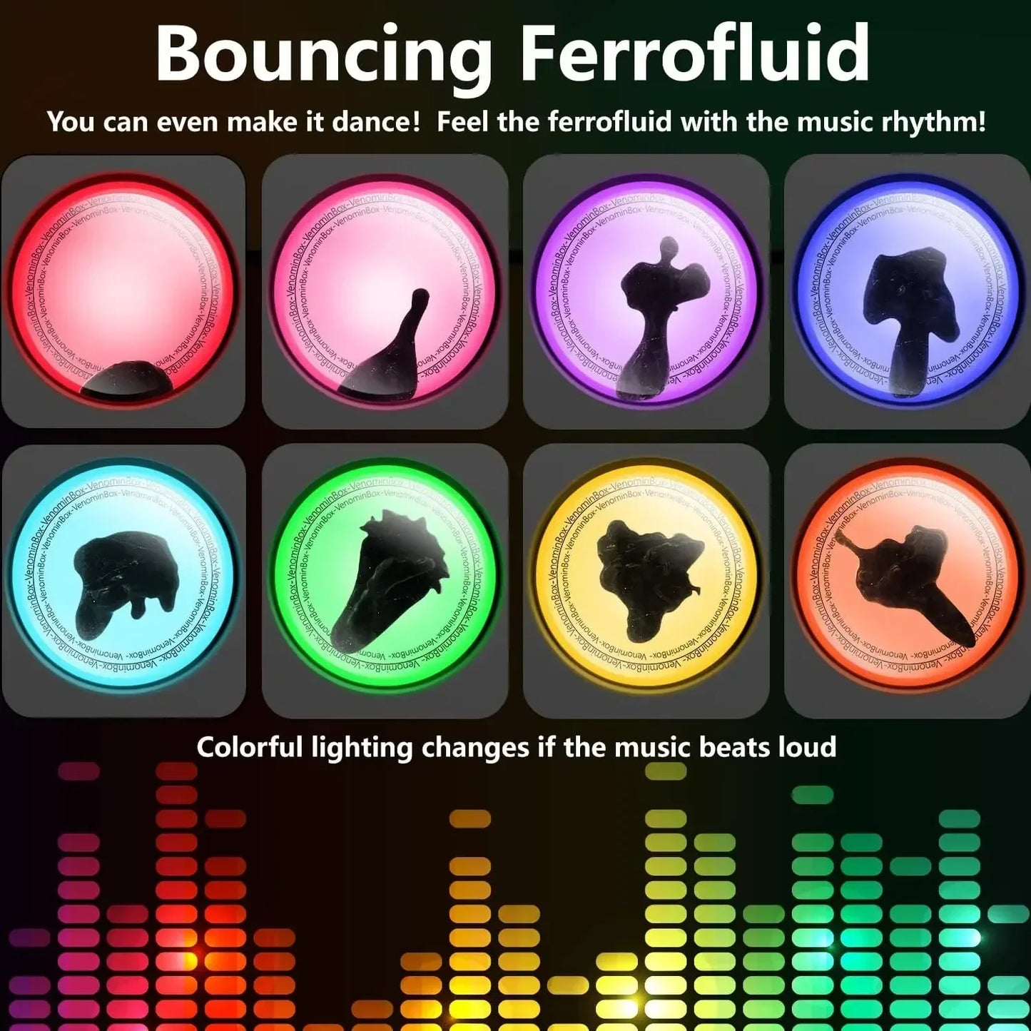 Colorful circular led-lit venom sensor ferrofluid magnetic liquid display units with shifting black formations for portable visual music