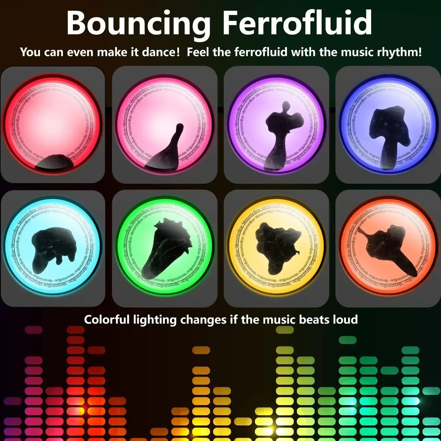 Colorful circular led-lit venom sensor ferrofluid magnetic liquid display units with shifting black formations for portable visual music