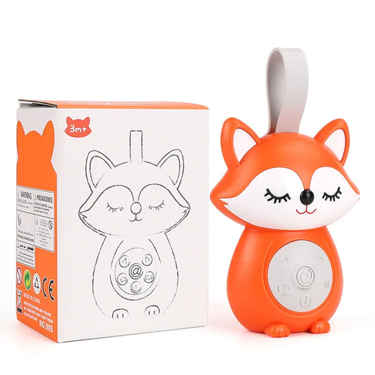 Orange fox-shaped portable white noise machine baby soother with white face black eyes and silver toddlers timed shutdown panel