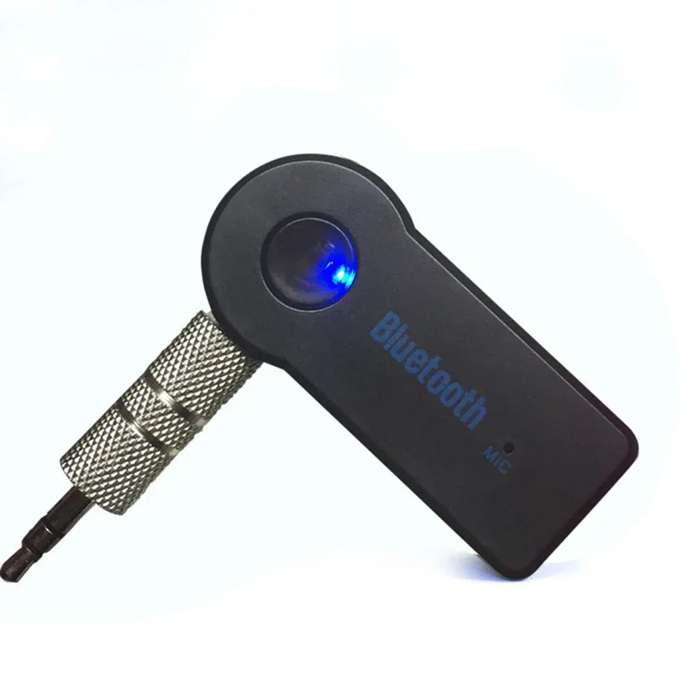 Black portable wireless bluetooth music receiver adapter with blue led light and metallic 3.5mm phone aux audio jack for car stereo music