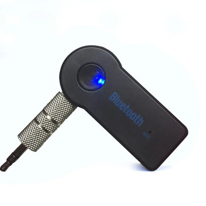 Black portable wireless bluetooth-compatible music receiver with blue led light and metallic 3.5mm male audio jack
