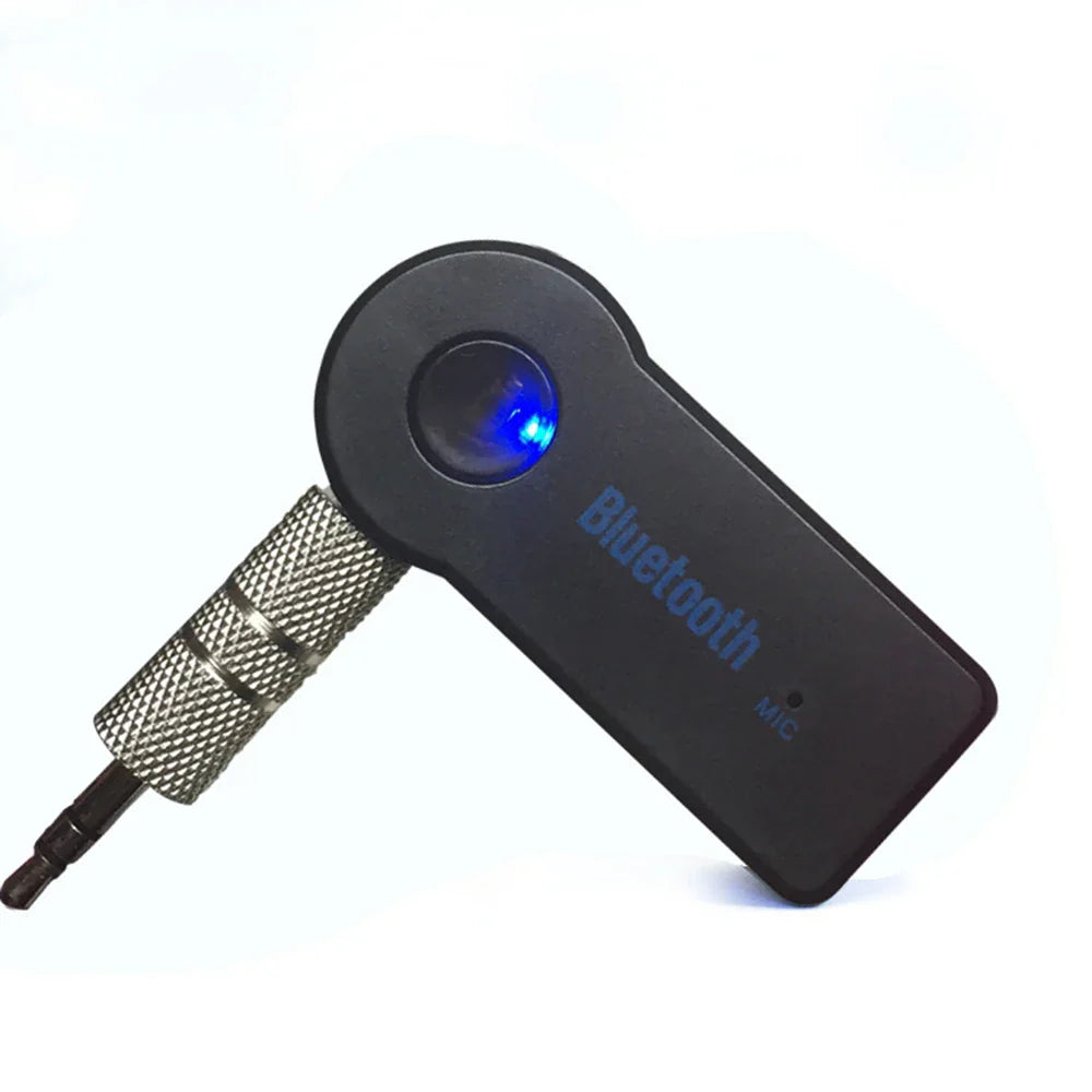 Black portable wireless bluetooth music receiver with blue led light and metallic 3.5mm male audio jack connector