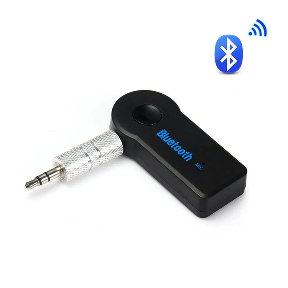 Black portable wireless bluetooth-compatible music receiver with silver 3.5mm male audio jack and textured grip