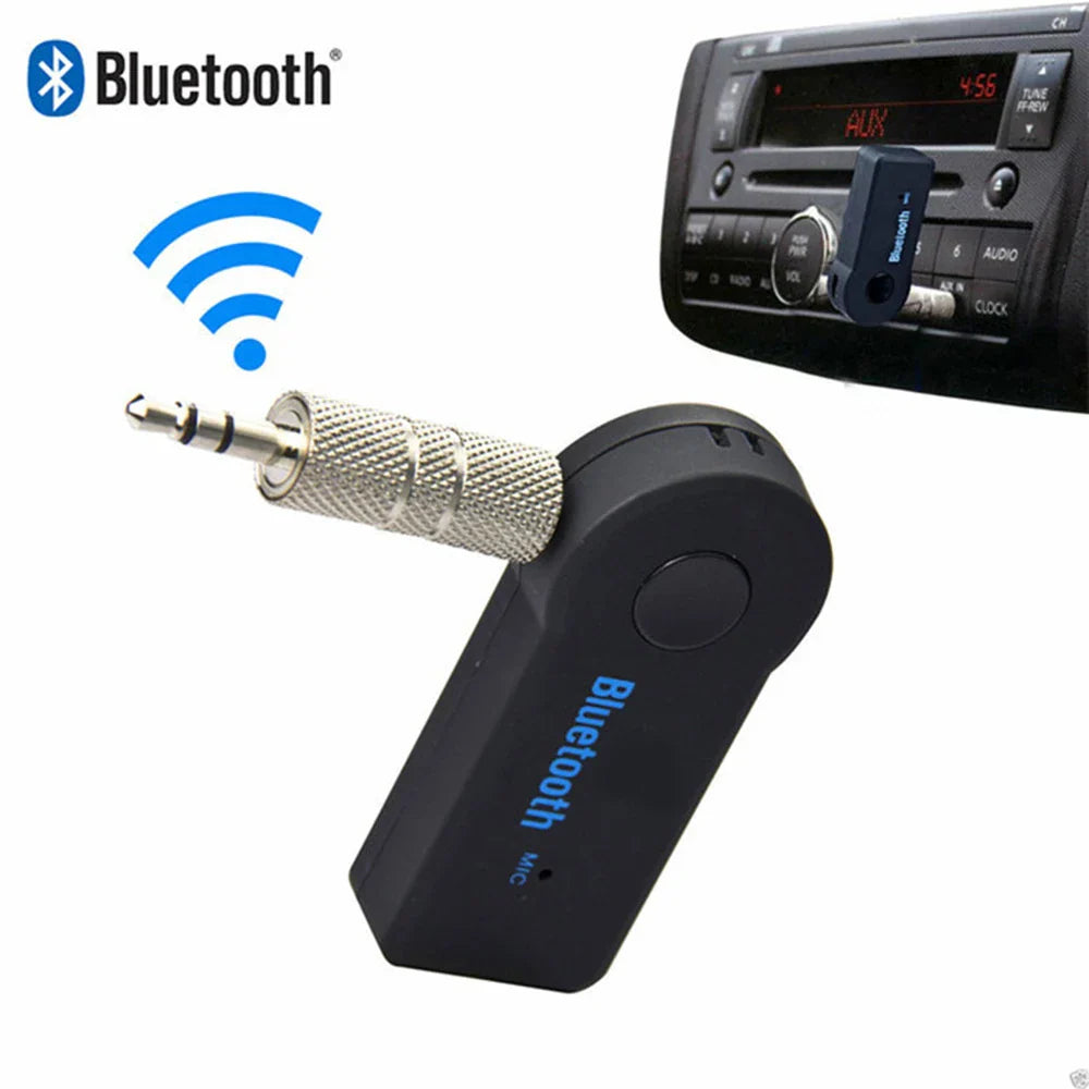 Black portable wireless bluetooth music receiver adapter with silver 3.5mm jack for phone aux audio car stereo music use