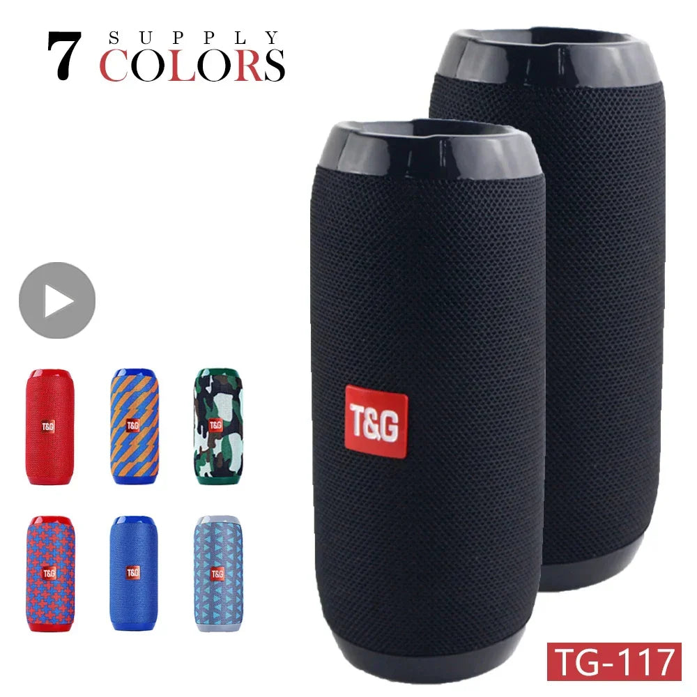 Black textured fabric portable wireless bluetooth speaker with glossy black plastic and red t&g logo for radio fm handfree use