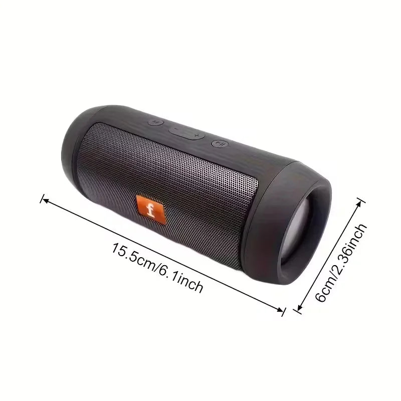 Black cylindrical portable wireless bluetooth speaker with textured mesh grille, orange logo, supports tf card and easy carry features