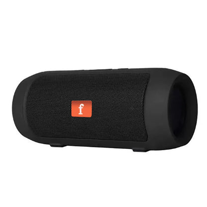 Black fabric-wrapped portable wireless bluetooth speaker with orange logo supports tf card and easy carry feature