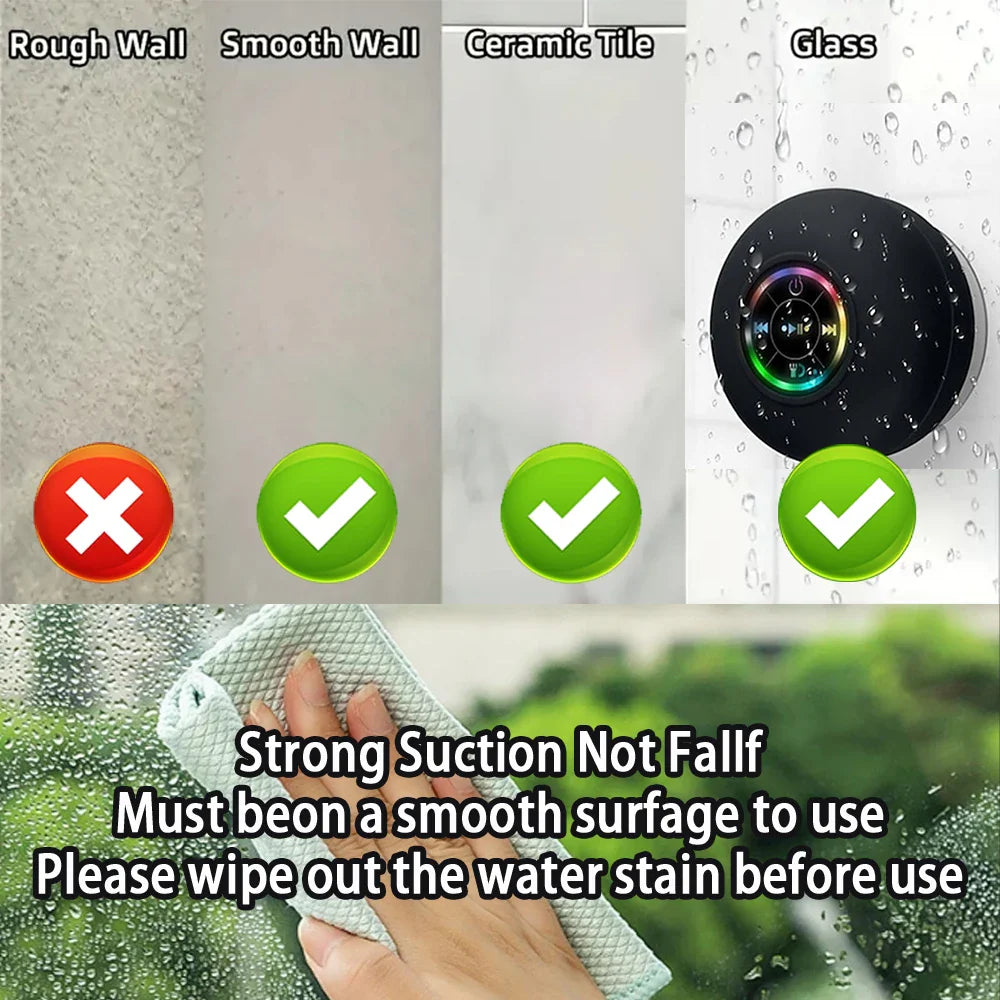 Black circular suction cup mount with colorful illuminated center for ipx4 waterproof portable wireless bluetooth speaker
