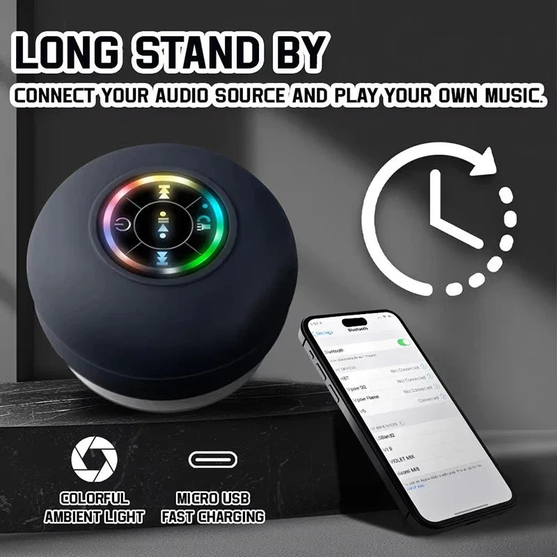 Black spherical portable wireless bluetooth speaker with colorful ambient lighting and ipx4 waterproof suction cup design